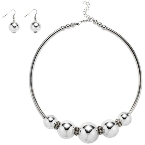 Silver Balls & Rhinestones Choker Earring Set - Picture 1 of 7